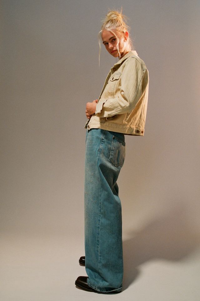 ★COOR★ Pintuck pointed over-dyed denim zip-up (faded beige ZIPPED HOODED DENIM BLOUSON | Maison Kitsuné