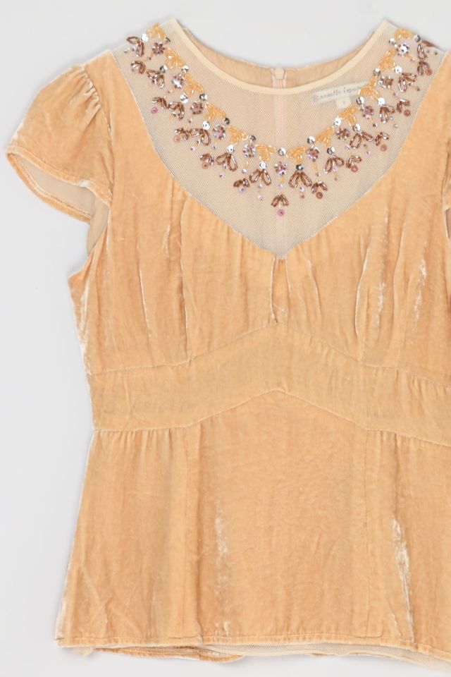 Vintage Y2k Light Tan Velvet Beaded Top #1