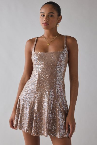 UO Liv Sequin Open Back Fit-And-Flare Mini Dress