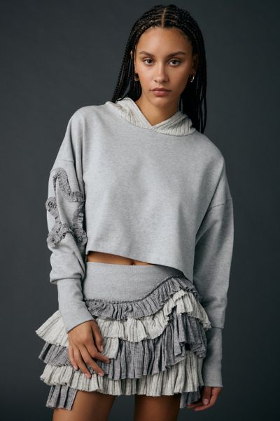 Zemeta Knitty Crop Ruffle Detail Cropped Hoodie Sweatshirt