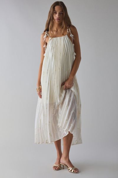 En Saison Sadie Embroidered Pleated Tie-Shoulder Maxi Dress