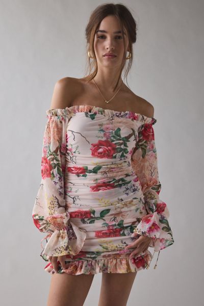 AFRM Claudia Floral Mesh Off-The-Shoulder Ruched Mini Dress