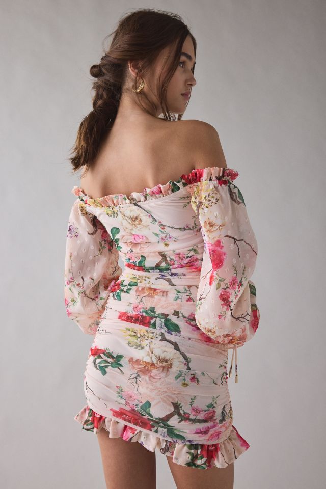 AFRM Claudia Floral Mesh Off-The-Shoulder Ruched Mini Dress #1