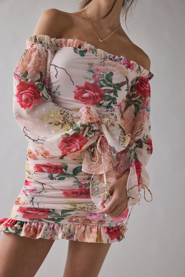 AFRM Claudia Floral Mesh Off-The-Shoulder Ruched Mini Dress #3