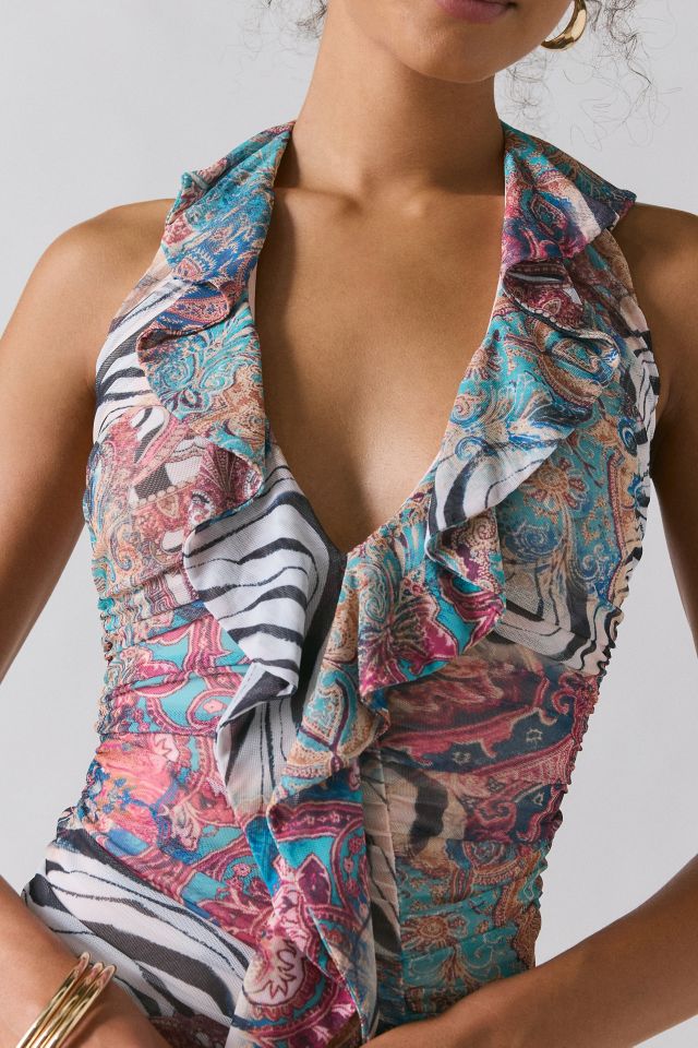 AFRM Odessa Cascading Ruffle Plunge Halter Mini Dress #1