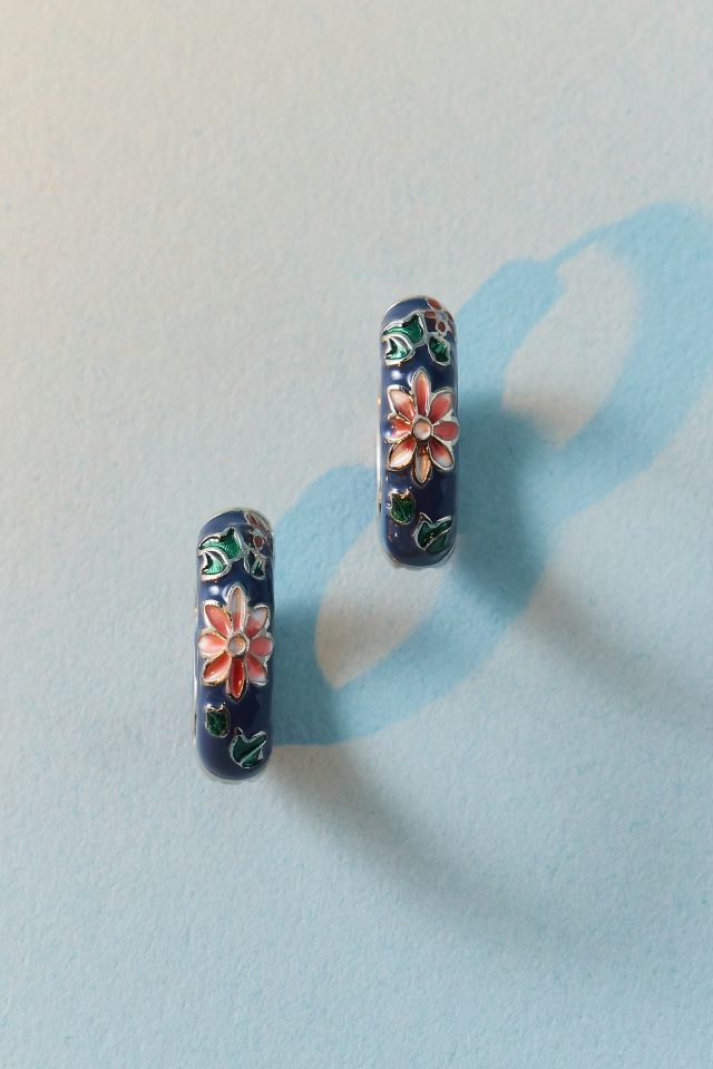 Boucle d'oreille créole en métal émaillé floral #1