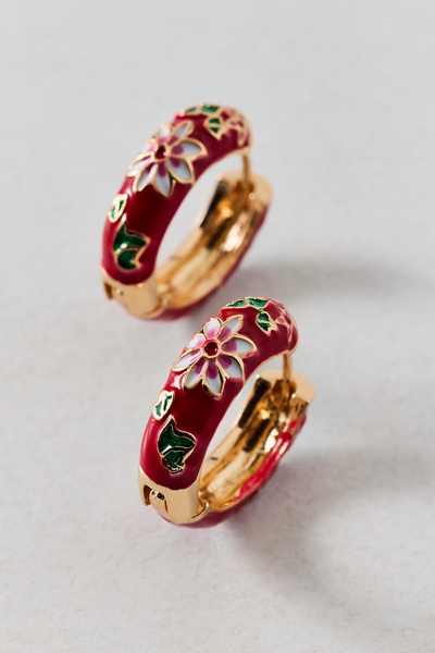 Floral Enameled Metal Hoop Earring