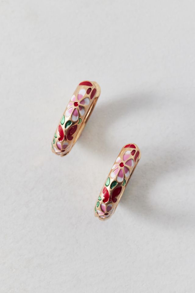 Floral Enameled Metal Hoop Earring #2
