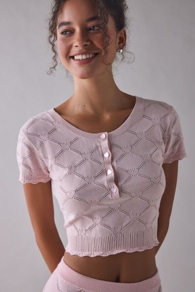 LoveShackFancy Lilifred Pointelle Knit Short Sleeve Henley Top