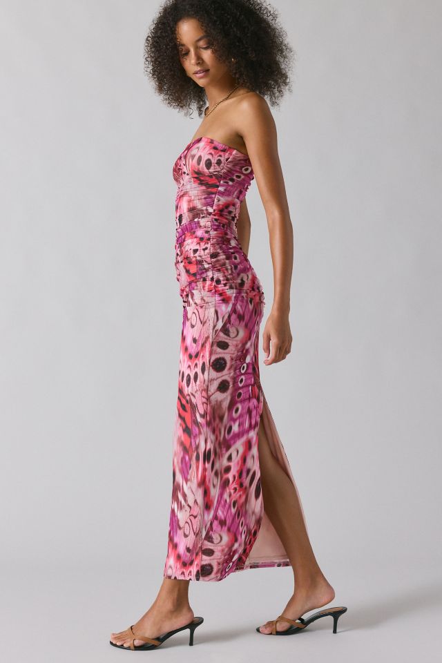 AFRM Marlo Berry Butterfly Ruched Mesh Strapless Maxi Dress