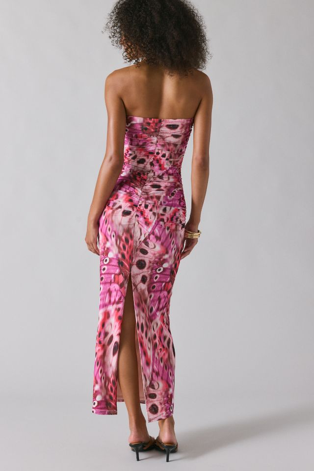 AFRM Marlo Berry Butterfly Ruched Mesh Strapless Maxi Dress