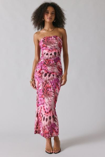AFRM Marlo Berry Butterfly Ruched Mesh Strapless Maxi Dress