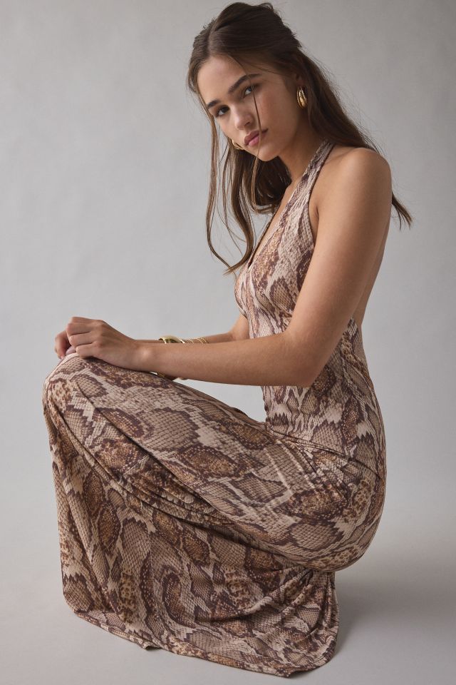 AFRM Rue Snake Printed Mesh Plunging Halter Maxi Dress #1