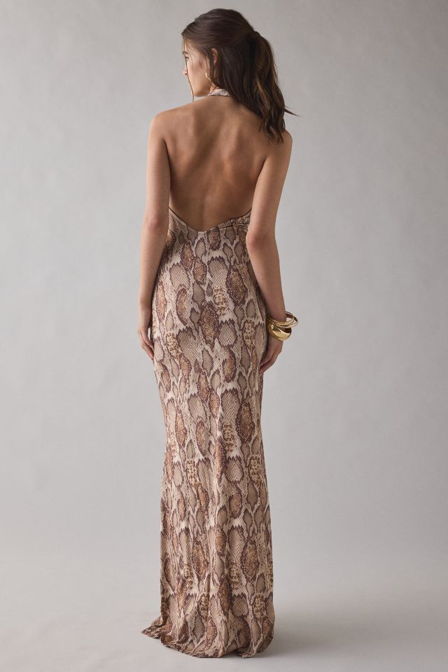 AFRM Rue Snake Printed Mesh Plunging Halter Maxi Dress #2