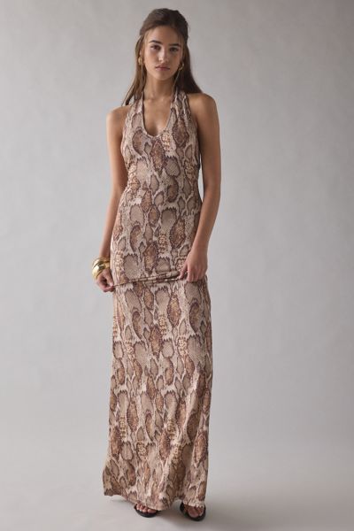 AFRM Rue Snake Printed Mesh Plunging Halter Maxi Dress