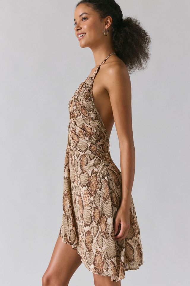 AFRM Sabrina Snake Print Mesh Plunging Halter Mini Dress #3