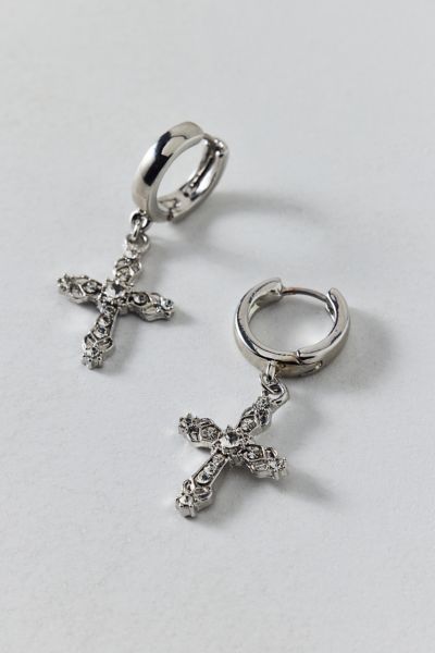 Urban Outfitters Maria Rhinestone Cross Hoop Earring In Silver, Women's At  In Metallic