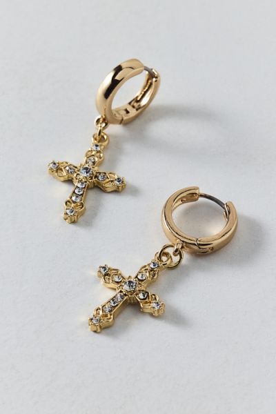 Urban Outfitters Maria Rhinestone Cross Hoop Earring In Gold, Women's At  In Gold
