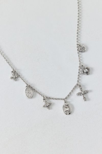 Urban Outfitters Maria Rhinestone Cross Charm Necklace In Silver, Women's At  In Metallic