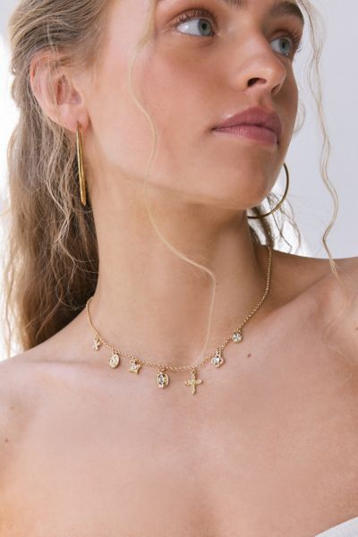 Urban Outfitters Maria Rhinestone Cross Charm Necklace In Gold, Women's At  In Gold