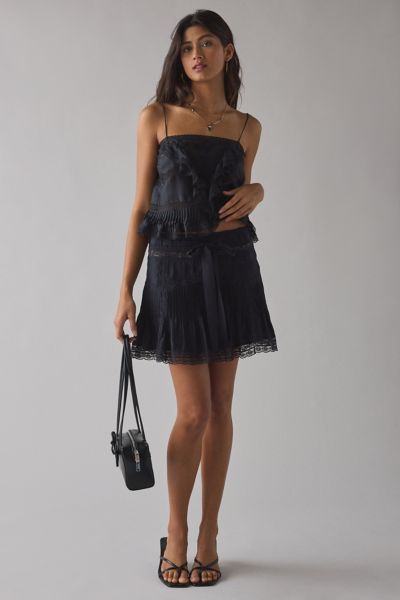 LoveShackFancy Willa Silk Lace Trim Ruffle Mini Skirt