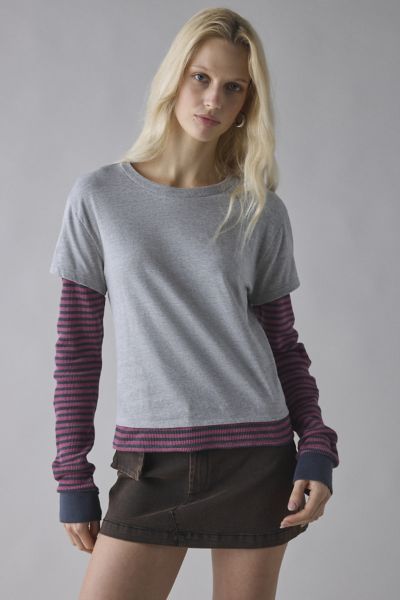 Bdg Tye Long Sleeve Layered Twofer Tee In Grey, Women's At Urban Outfitters