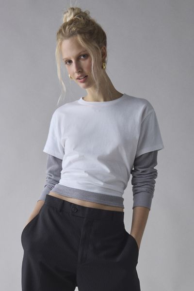 Bdg Tye Long Sleeve Layered Twofer Tee In White, Women's At Urban Outfitters