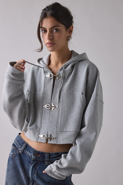 The Ragged Priest Latch Hardware Cropped Hoodie Sweatshirt In Light Grey, Women's At Urban Outfitters In Green