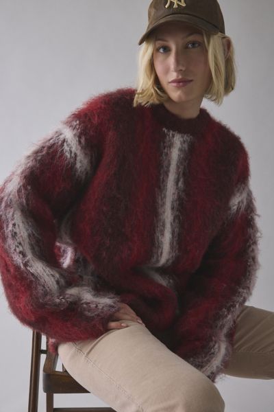 The Ragged Priest Obscure Brushed Stripe Knit Oversized Sweater In Red, Women's At Urban Outfitters