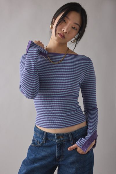 Kimchi Blue Lola Lace Trim Boatneck Long Sleeve Top