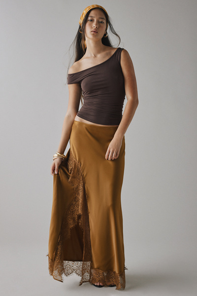 Kimchi Blue Saqi Asymmetrical Lace Trim Satin Maxi Skirt | Urban
