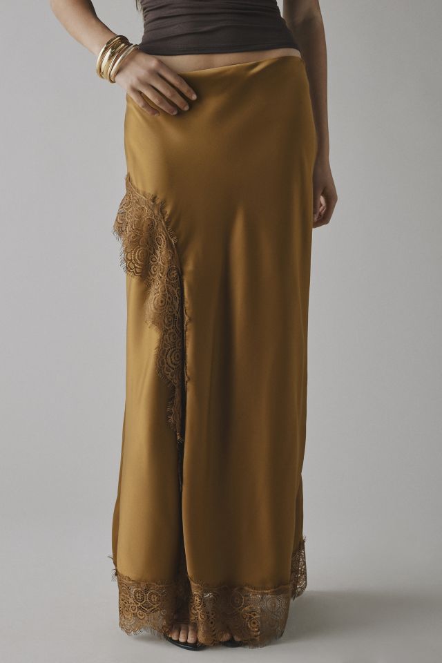 Kimchi Blue Saqi Asymmetrical Lace Trim Satin Maxi Skirt