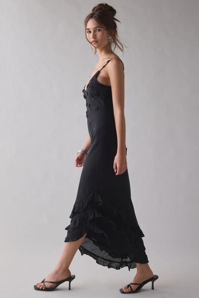 Sister Jane Forget Me Not Beaded Floral Appliqué Asymmetric Midi Dress