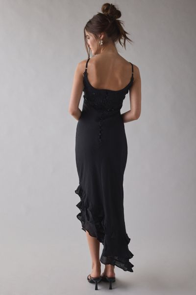 Sister Jane Forget Me Not Beaded Floral Appliqué Asymmetric Midi Dress