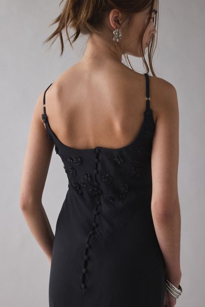 Sister Jane Forget Me Not Beaded Floral Appliqué Asymmetric Midi Dress