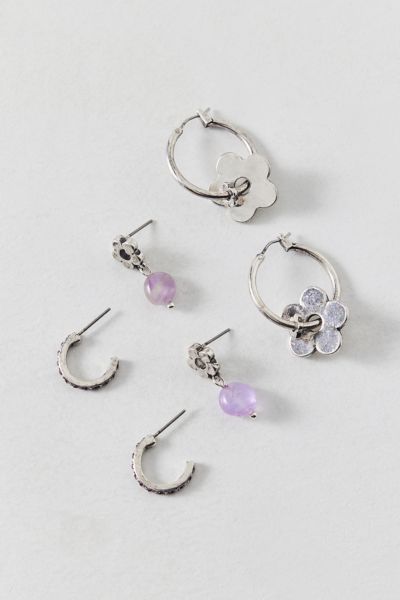 Urban Outfitters Amethyst Flower Post & Hoop Earring Set In Silver, Women's At