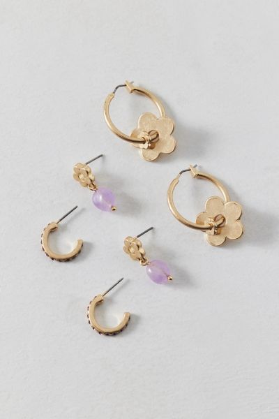 Urban Outfitters Amethyst Flower Post & Hoop Earring Set In Gold, Women's At