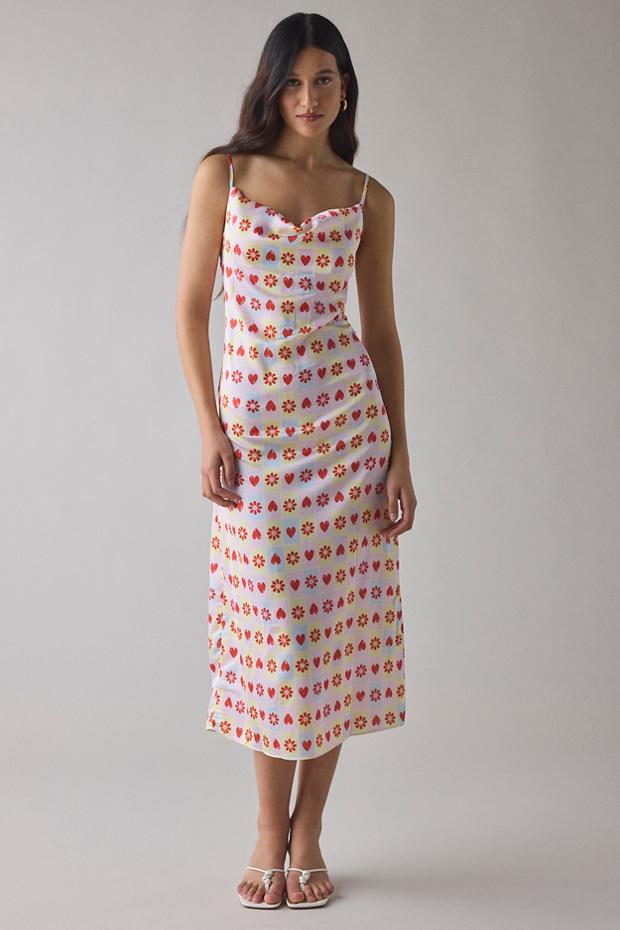 Glamorous Tile Print Satin Cowl Neck Slip Midi Dress