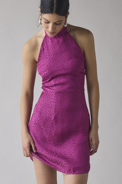 Glamorous Tonal Leopard Print Satin High-Neck Halter Mini Dress