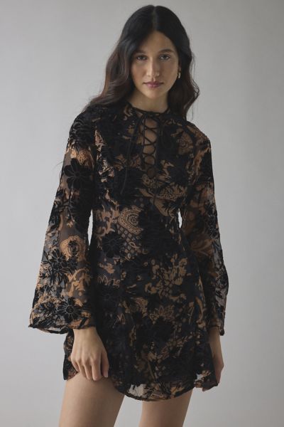 Glamorous Black Devore Lace-Up Bell Sleeve Mini Dress