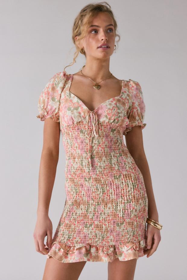 Glamorous Cotton-Linen Blend Ruched Ruffle Hem Mini Dress