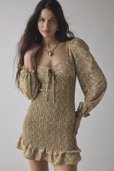 Glamorous Ochre Floral Long Sleeve Ruched Ruffle Hem Mini Dress