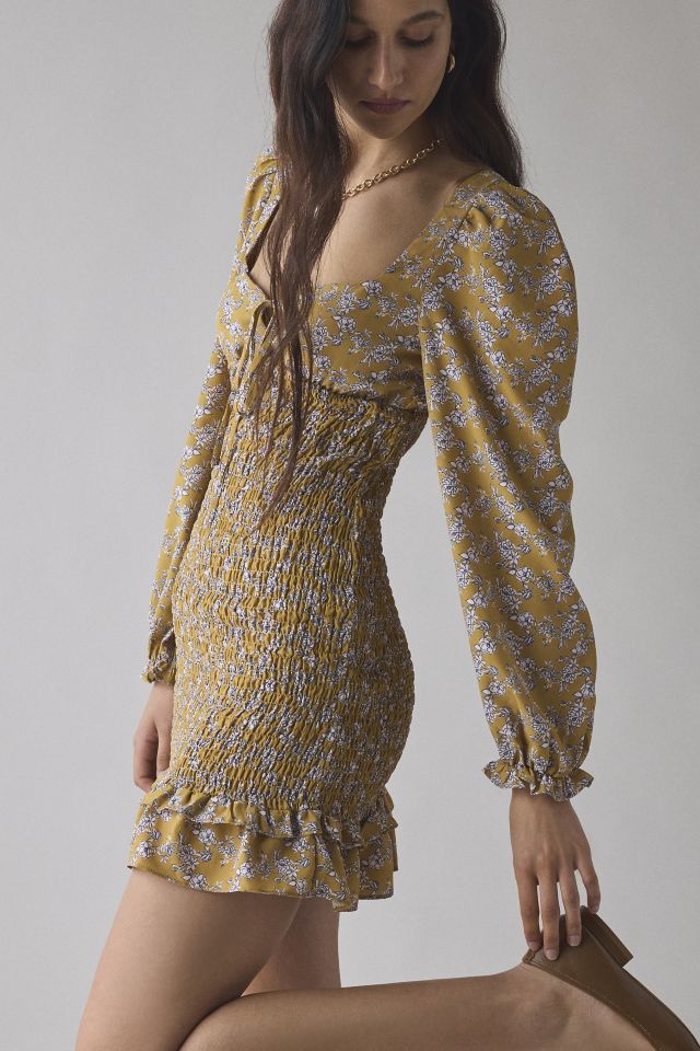 Glamorous Ochre Floral Long Sleeve Ruched Ruffle Hem Mini Dress #1