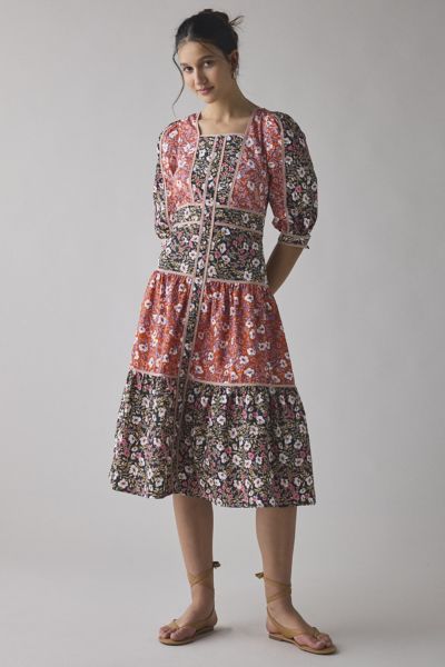 Glamorous Mixed Vintage Floral Square Neck Tiered Midi Dress