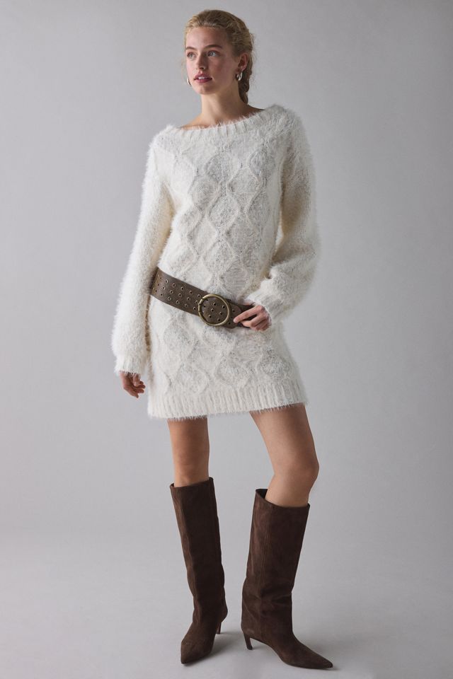 cable knit sweater dress Cream - Mini Sweater Dress - Long Sleeve Dress while the loose fit provides comfort and versatility Plot Twist Half-Zip Cable Knit