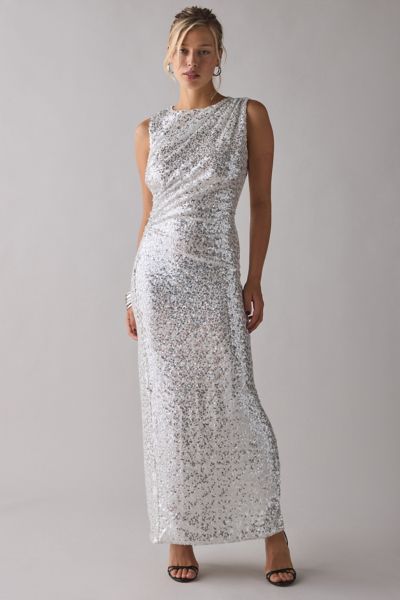 Glamorous Silver Sequin Asymmetric Ruched Maxi Dress In Silver, Women's At Urban Outfitters In Silver