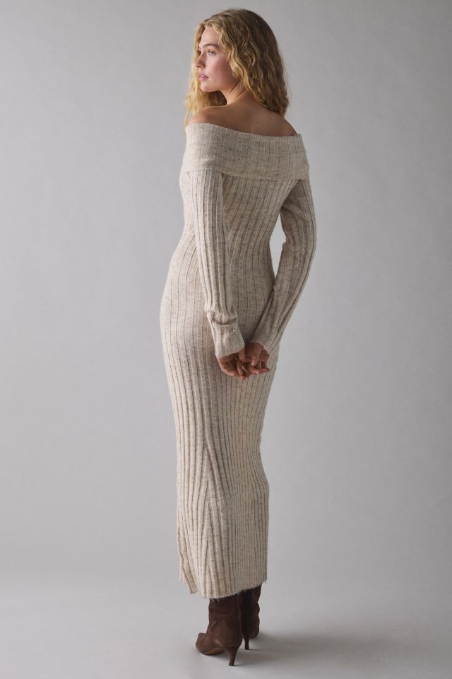 Glamorous Stone Marled Ribbed Knit Off-The-Shoulder Maxi Dress #1