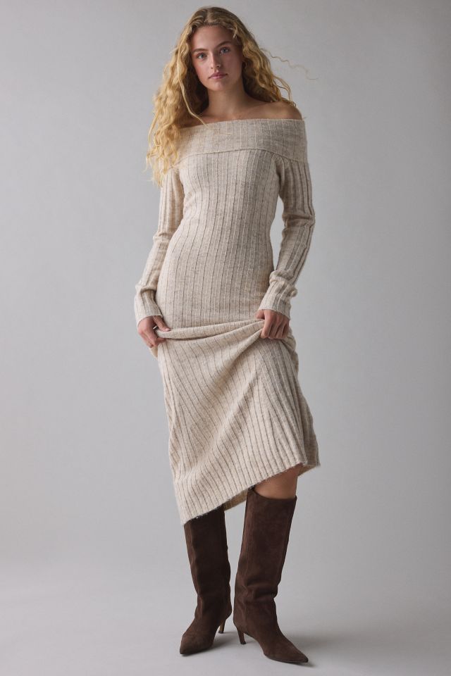 Glamorous Stone Marled Ribbed Knit Off-The-Shoulder Maxi Dress #3