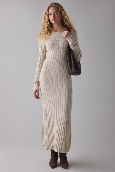 Glamorous Stone Marled Ribbed Knit Off-The-Shoulder Maxi Dress