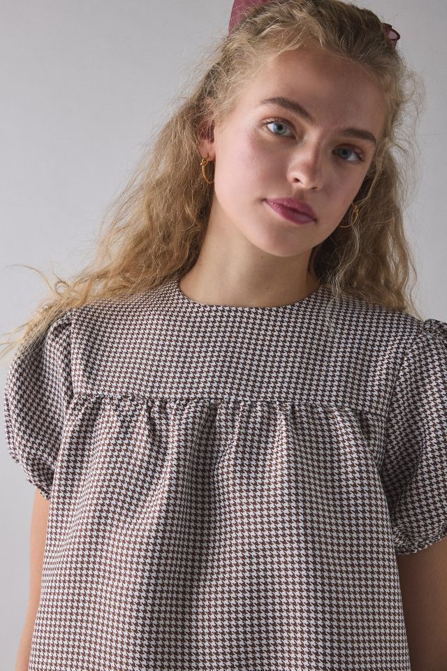 Glamorous Brown Gingham Puff Sleeve Babydoll Mini Dress #3